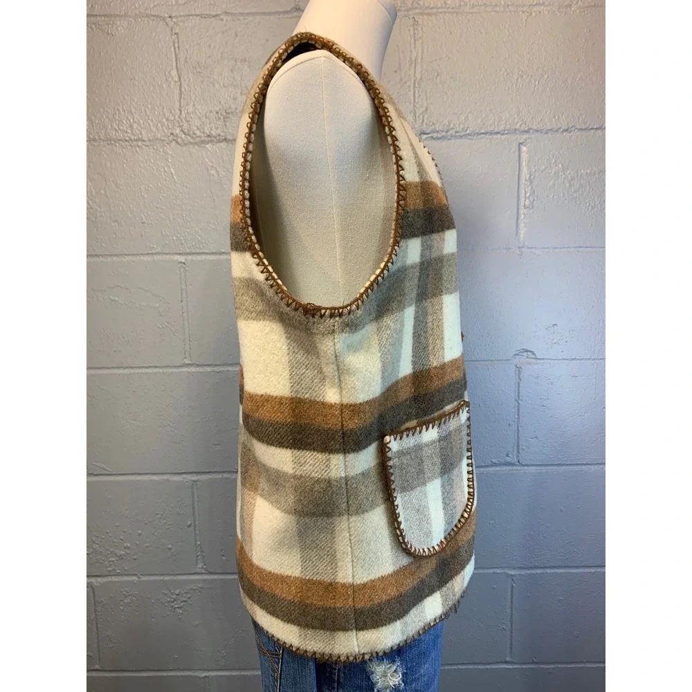 Caletta Mayoral Vintage Plaid Wool Blend Toggle Blanket Vest Brown Tan Size 16